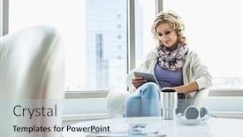  Presentation with lobby - Audience pleasing presentation theme consisting of businesswoman using tablet pc at creative office lobby backdrop and a light blue colored foreground