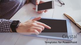  Presentation with desk - Theme having businesswoman using technologies at her desk in office background and a light gray colored foreground