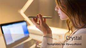  Presentation with voice - PPT layouts consisting of businesswoman using voice command background and a coral colored foreground