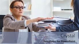  Presentation with paperwork - Presentation theme enhanced with businesswoman-very-busy-with-ongoing background and a seafoam green colored foreground