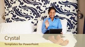  Presentation with video conferencing - Slide deck with businesswoman video conferencing on digital tablet in hotel background and a lemonade colored foreground