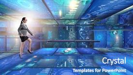  Presentation with data management - Slide set enhanced with businesswoman walking in data management background and a  colored foreground