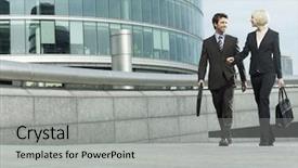  Presentation with full length portrait two men women brown sweater - Slides enhanced with businesswoman walking outside office building background and a light gray colored foreground