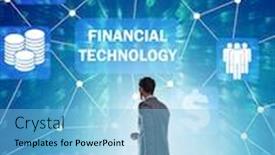  Presentation with fintech financial technology - Audience pleasing PPT layouts consisting of businesswoman-walking-towards-financial-technology backdrop and a light blue colored foreground
