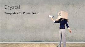  Presentation with box carton - Presentation enhanced with businesswoman wearing carton box on head and speaking in megaphone background and a light gray colored foreground