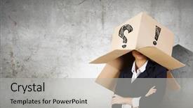  Presentation with box carton - Theme having businesswoman wearing carton box with marks on head background and a light gray colored foreground