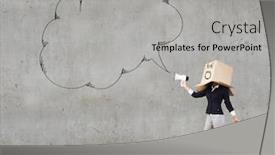  Presentation with box carton - PPT layouts with businesswoman wearing carton box on head and speaking in megaphone background and a light gray colored foreground