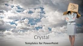  Presentation with box carton - Audience pleasing slide set consisting of businesswoman wearing carton box with sign on head backdrop and a light gray colored foreground