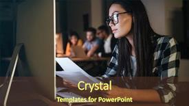  Presentation with eye glasses looking at world - Cool new PPT theme with businesswoman wearing glasses working late backdrop and a tawny brown colored foreground