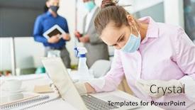  Presentation with computer virus - Presentation design enhanced with businesswoman-wearing-mask-disinfecting-laptop background and a soft green colored foreground