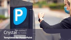  Presentation with contactless - Presentation theme consisting of businesswoman-wearing-ppe-face-mask background and a tawny brown colored foreground