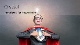  Presentation with superhero businesswoman - Slide set consisting of businesswoman wearing red cape and opening her shirt like superhero background and a soft green colored foreground