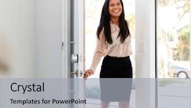  Presentation with work - Audience pleasing presentation design consisting of businesswoman wearing suit opening door backdrop and a light gray colored foreground