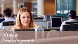  Presentation with telephone - PPT theme consisting of businesswoman-wearing-telephone-headset-talking background and a coral colored foreground