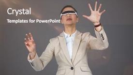 Presentation with video transmission - Theme having businesswoman wearing virtual video glasses background and a gray colored foreground