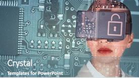  Presentation with electric circuit board - Colorful PPT theme enhanced with businesswoman wearing virtual video backdrop and a seafoam green colored foreground