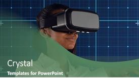  Presentation with green technology - Presentation theme having businesswoman-wearing-vr-headset-over background and a ocean colored foreground