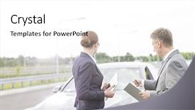  Presentation with trust insurance - Cool new PPT theme with businesswoman while pointing at breakdown backdrop and a white colored foreground