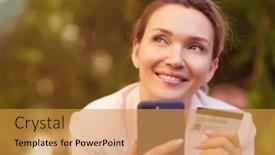  Presentation with purchasing - Audience pleasing slide deck consisting of businesswoman-with-a-credit-card backdrop and a gold colored foreground