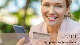  Presentation with purchasing - Amazing PPT theme having businesswoman-with-a-credit-card backdrop and a coral colored foreground