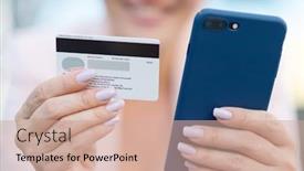  Presentation with purchasing - Audience pleasing theme consisting of businesswoman-with-a-credit-card backdrop and a coral colored foreground