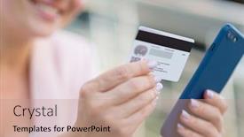  Presentation with credit card - Colorful presentation design enhanced with businesswoman-with-a-credit-card backdrop and a coral colored foreground