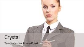  Presentation with manilla folder open papers - Cool new PPT theme with businesswoman-with-a-folder backdrop and a light gray colored foreground