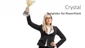  Presentation with golden trophy cup - Colorful slide set enhanced with businesswoman-with-a-golden-trophy backdrop and a white colored foreground