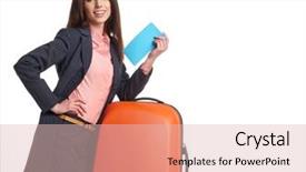  Presentation with ticket - Amazing presentation design having businesswoman with a suitcase and a ticket on a white background backdrop and a lemonade colored foreground