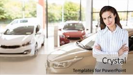  Presentation with digital car - Presentation design enhanced with businesswoman with arms crossed ion background and a coral colored foreground