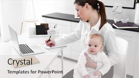  Presentation with mobile home - PPT layouts featuring businesswoman with baby boy working background and a light gray colored foreground