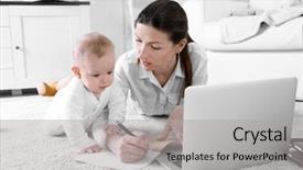  Presentation with 2nd birthday for baby boy - Colorful slide deck enhanced with businesswoman with baby boy working backdrop and a light gray colored foreground