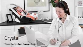  Presentation with baby - Colorful PPT layouts enhanced with businesswoman with baby boy working backdrop and a light gray colored foreground