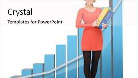  Presentation with process flow chart - Audience pleasing PPT theme consisting of businesswoman with big 3d chart backdrop and a  colored foreground