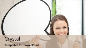  Presentation with bright - Amazing PPT theme having businesswoman with blank text bubble backdrop and a soft green colored foreground