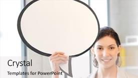  Presentation with bright - Presentation with businesswoman with blank text bubble background and a lemonade colored foreground