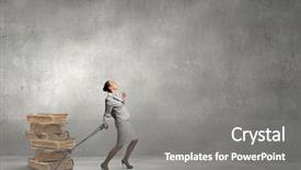  Presentation with bound - PPT theme having businesswoman with bound hands pulling heavy stack of old books background and a gray colored foreground