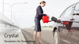  Presentation with road - PPT theme with businesswoman with canister fueling car background and a mint green colored foreground
