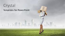  Presentation with box carton - Presentation design with businesswoman with carton box on head money concept background and a light gray colored foreground