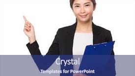  Presentation with finger point - Amazing presentation design having businesswoman with clipboard and finger point up backdrop and a ocean colored foreground