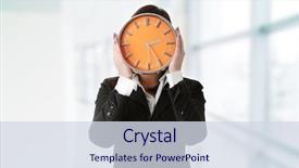  Presentation with time wasting - Colorful slides enhanced with businesswoman with clock - time concept backdrop and a sky blue colored foreground