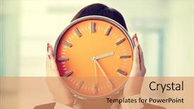  Presentation with clock - Presentation design with businesswoman with clock isolated background and a coral colored foreground