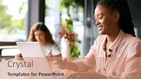  Presentation with coffee shop - PPT theme featuring businesswoman-with-coffee-working background and a coral colored foreground