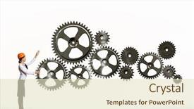  Presentation with elements - Audience pleasing slide deck consisting of businesswoman with cog wheel elements backdrop and a  colored foreground