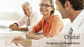  Presentation with conference - Audience pleasing presentation consisting of businesswoman with colleagues in conference backdrop and a coral colored foreground