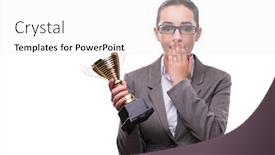  Presentation with trophy - Colorful presentation design enhanced with businesswoman with cup trophy isolated on white backdrop and a white colored foreground