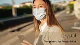  Presentation with train railway - PPT theme enhanced with businesswoman-with-face-mask-waiting background and a coral colored foreground