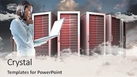  Presentation with blue orange - PPT layouts featuring businesswoman with finger on cheek using laptop against blue and orange sky with clouds background and a coral colored foreground