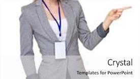  Presentation with finger point - Slide deck with female hispanic officer smiling - businesswoman with finger point aside background and a white colored foreground