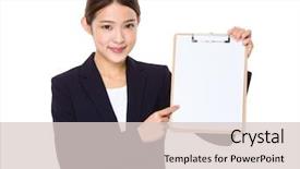  Presentation with finger point - Colorful slide set enhanced with businesswoman with finger point to clipboard backdrop and a lemonade colored foreground